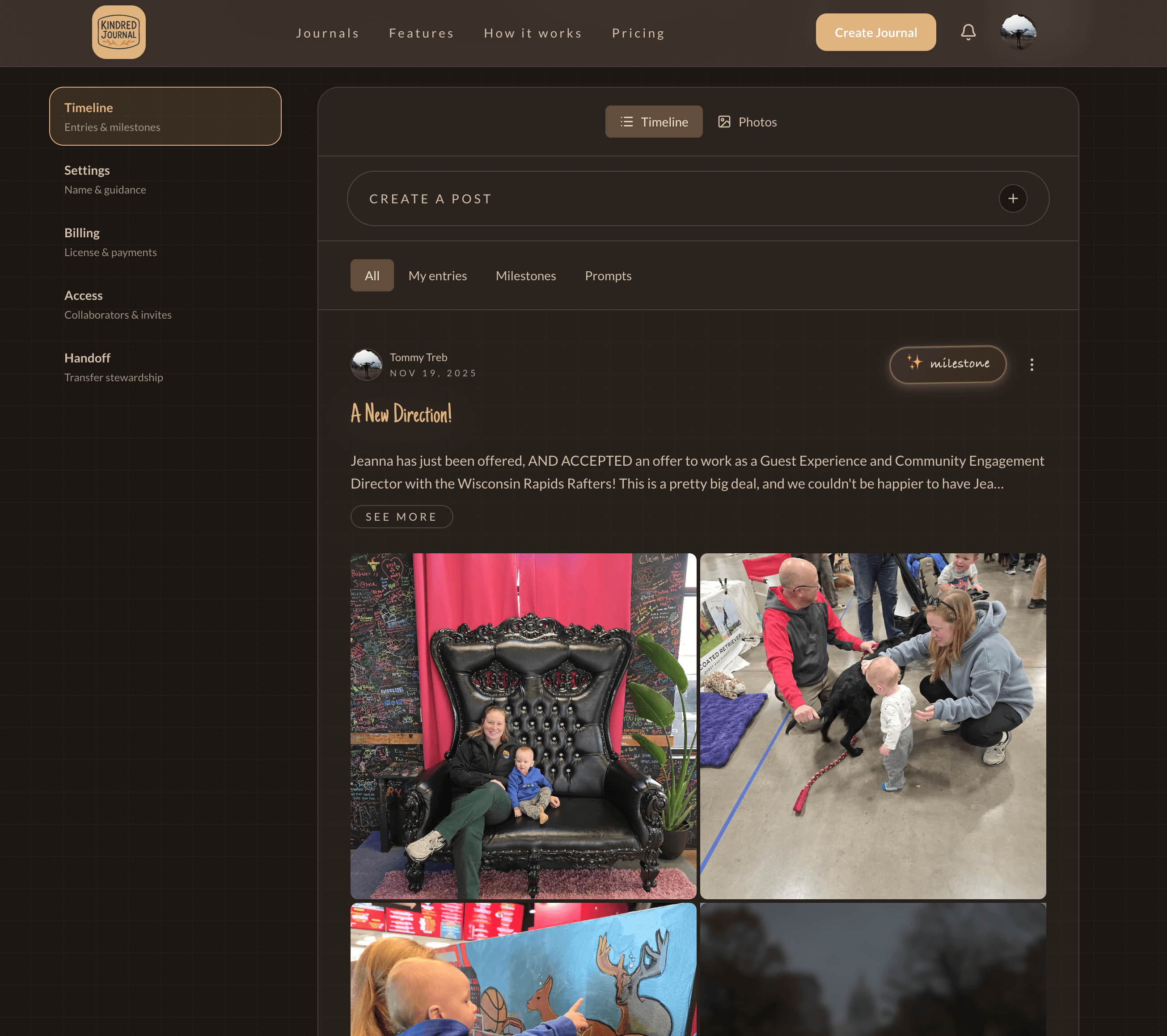 Kindred Journal dashboard